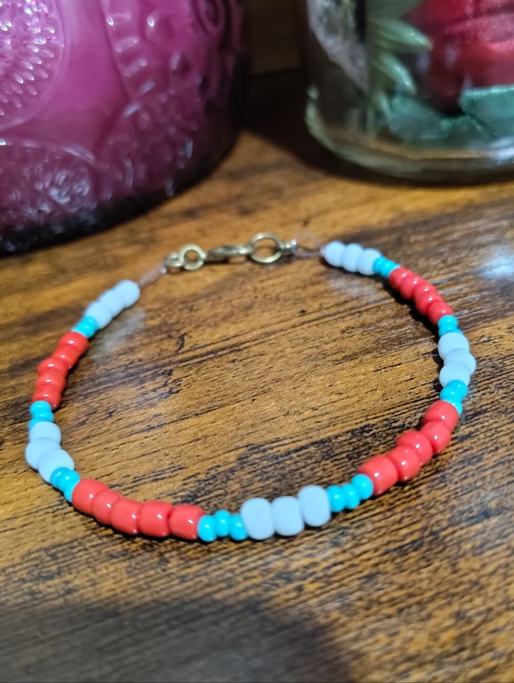 Handmade Men's Beaded Bracelet in Red Coral, Turquoise & White